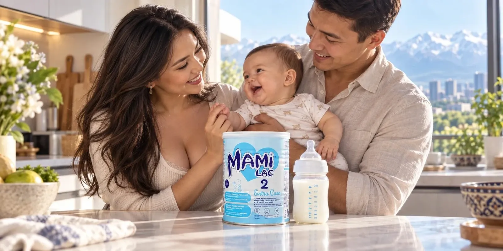 Parents with a smiling baby and a tin of Mami Lac Extra Care 2 in a bright kitchen