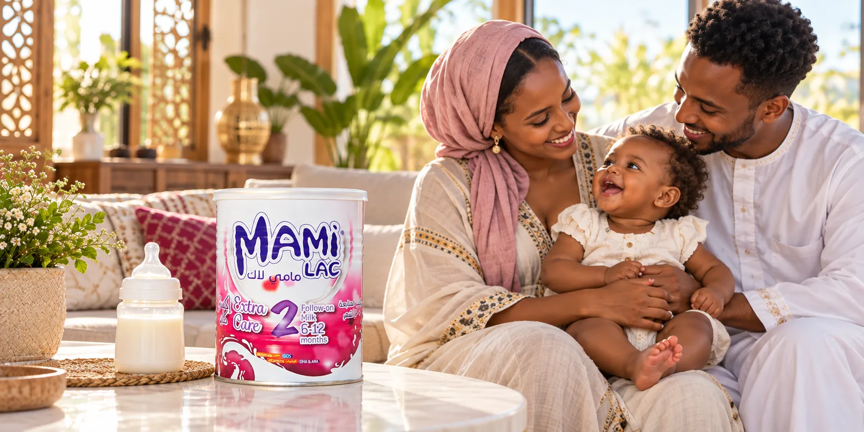 والدان مع طفل ضاحك على الأريكة، وعلبة Mami Lac Extra Care 2 على الطاولة
