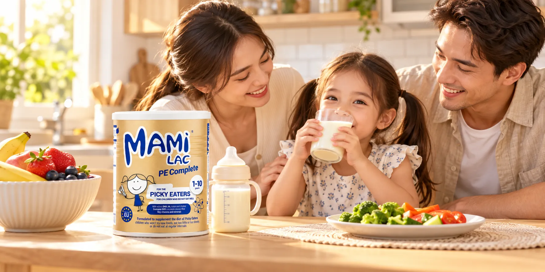 Una niña bebiendo un vaso de leche con sus padres, una lata de Mami Lac PE Complete sobre la mesa de la cocina
