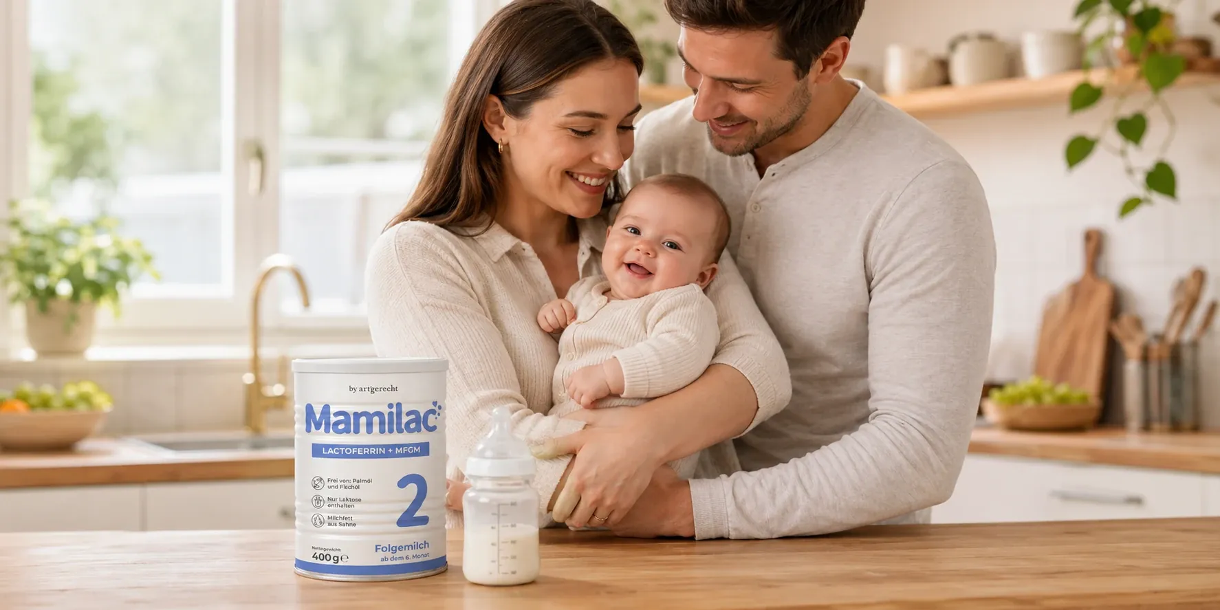 Parents holding their smiling baby in a kitchen, a tin of Mamilac LACTOFERRIN+MFGM 2 on the counter