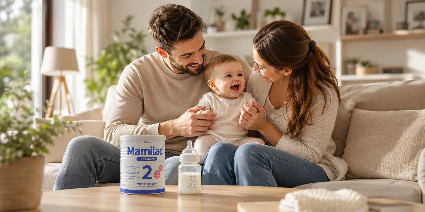 Padres con un bebé risueño en un sofá, una lata de Mamilac Premium 2 sobre la mesa