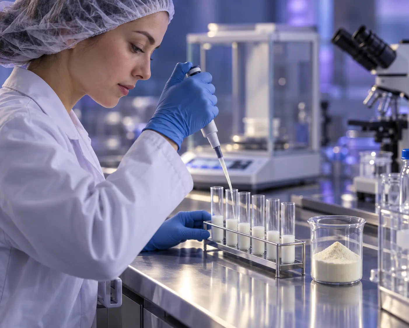 Técnica de laboratorio analizando muestras de fórmula infantil